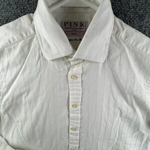 Thomas Pink Long Sleeve Button Up Shirt Men Cotton White Striped 15.5 33 Woven